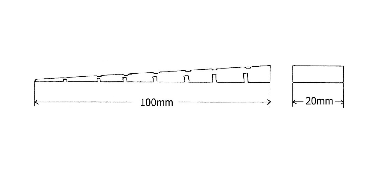 Drawing of plastic table leveler with measurement, 100 millimeters long
