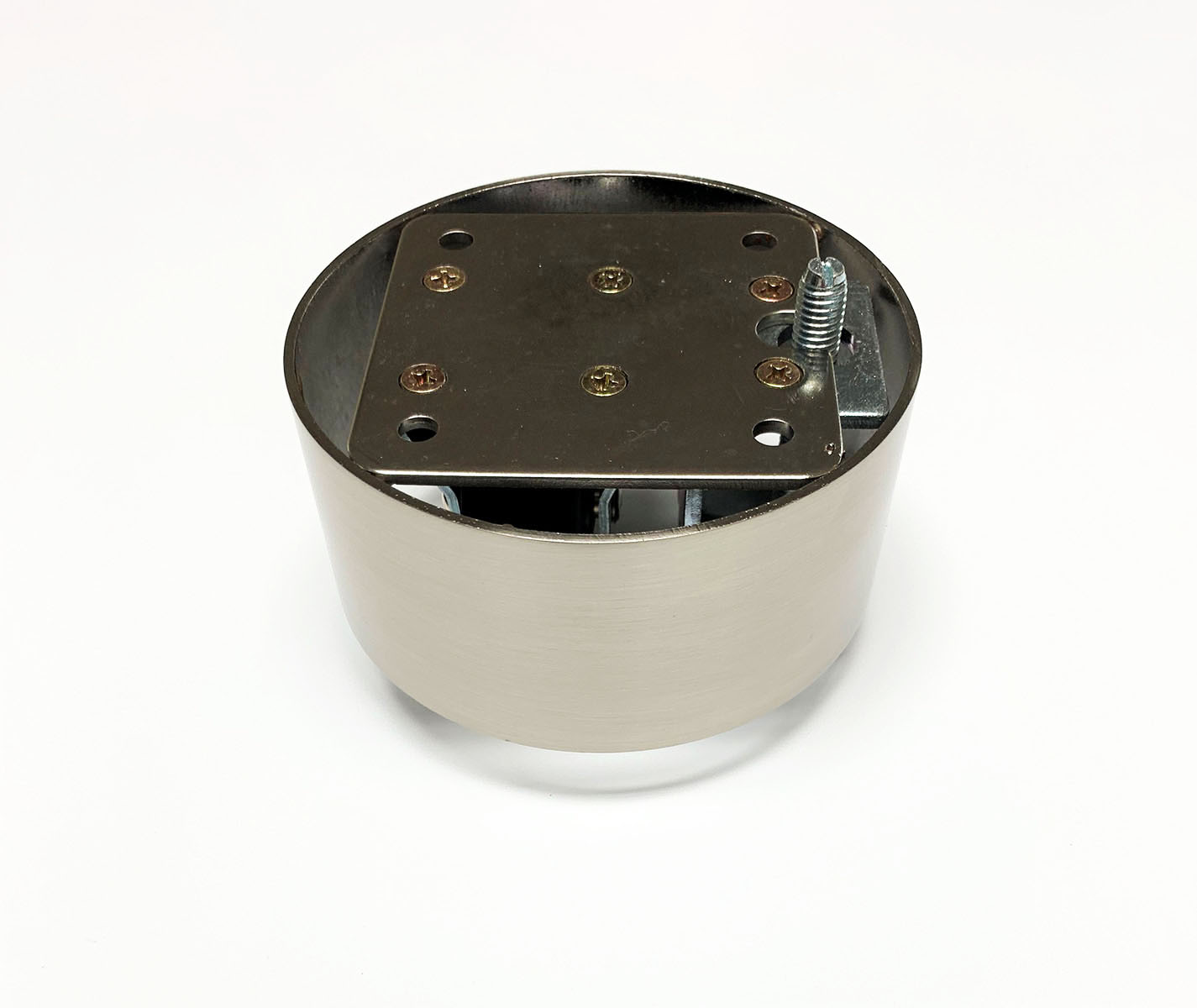 Round metal base with caster wheel and adjustable leveler